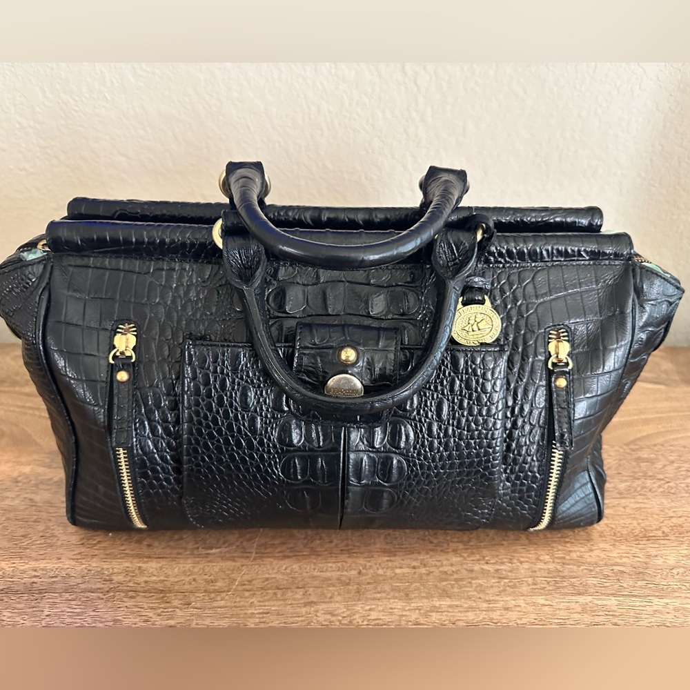 Brahim black Melbourne signature croc-embossed leather satchel. Genuine leather.